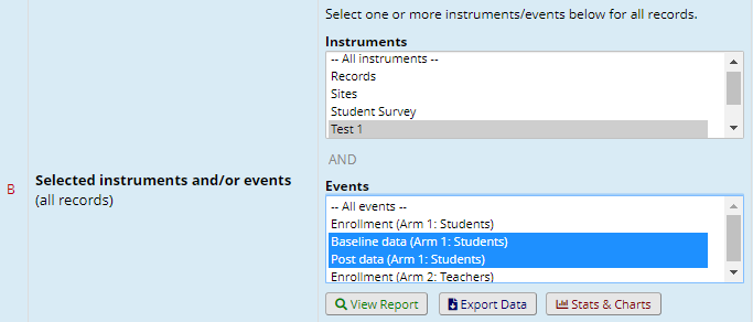 Screenshot of the Data Exports, Reports and Stats showing the options for selecting specific instruments and events from the project.