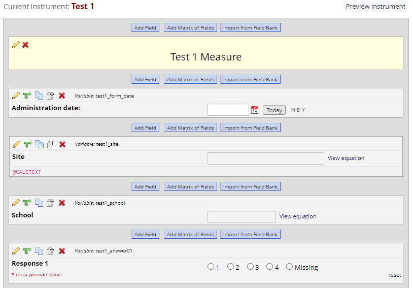 Screenshot of the instrument design view after the calculated fields have been added.