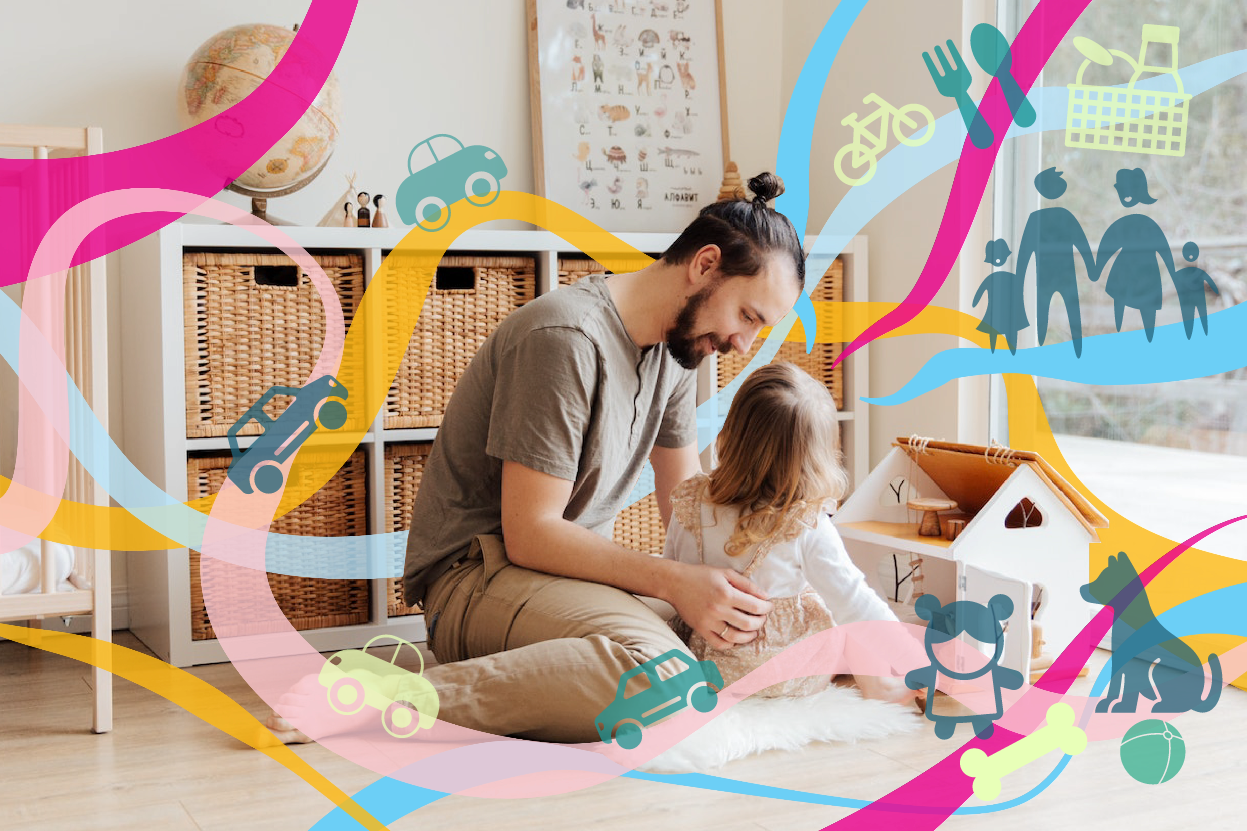 "A man and a girl playing with a dollhouse as she looks up at him. Colored lines wrap around with with images of story elements such as cars, toys, a dog and a family holding hands."