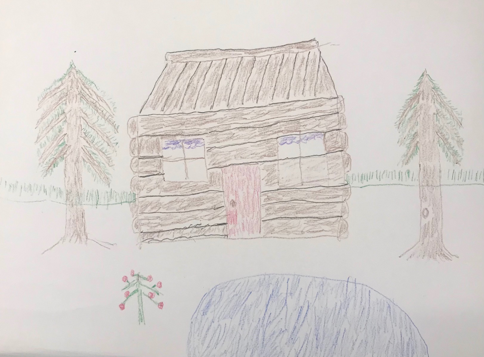 "A drawing of a log cabin home in a grassy grove with pine trees"