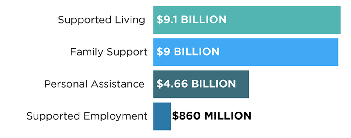 A bar graph lists the total investments for four areas in FY2021 as $9.1 billion for supported living services; $9 billion for family support services; $4.66 billion for personal assistance; and $860 million for supported employment.