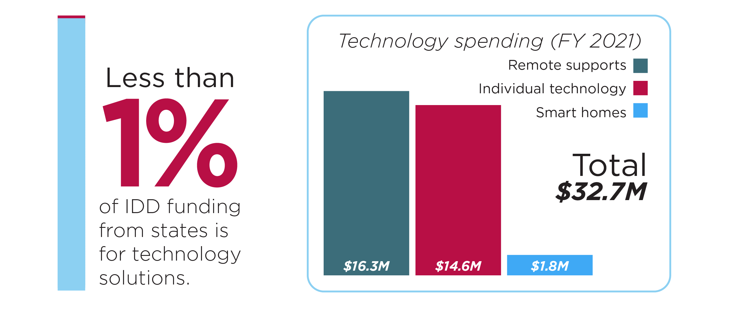 A graphic with 1 percent in bold red to show that less than 1 percent of IDD funding from states is for technology solutions.