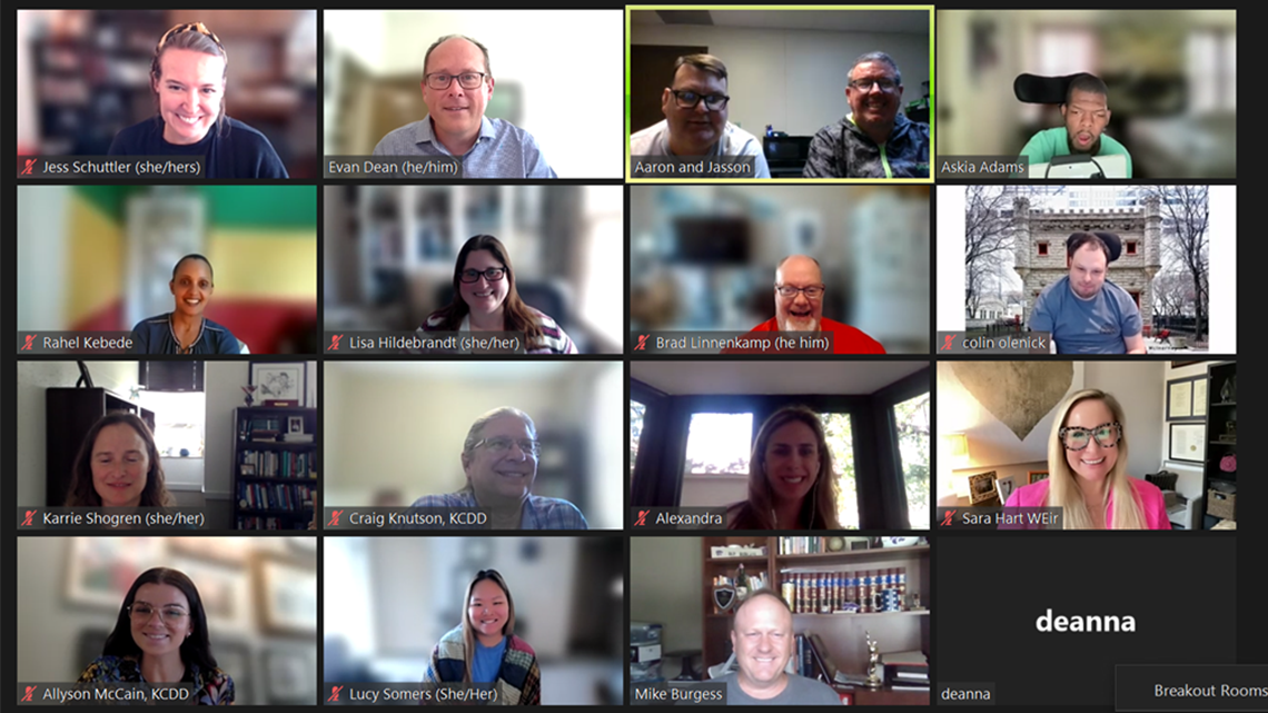 "A grid of 16 screens show people participating in a Zoom conference call"