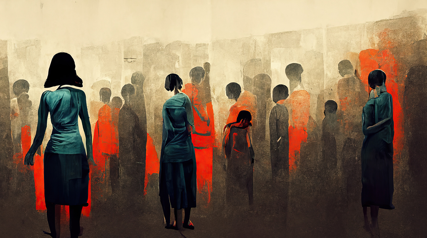 "An illustration in shades of yellow, black red and teal of figures of people standing with their face not visible"