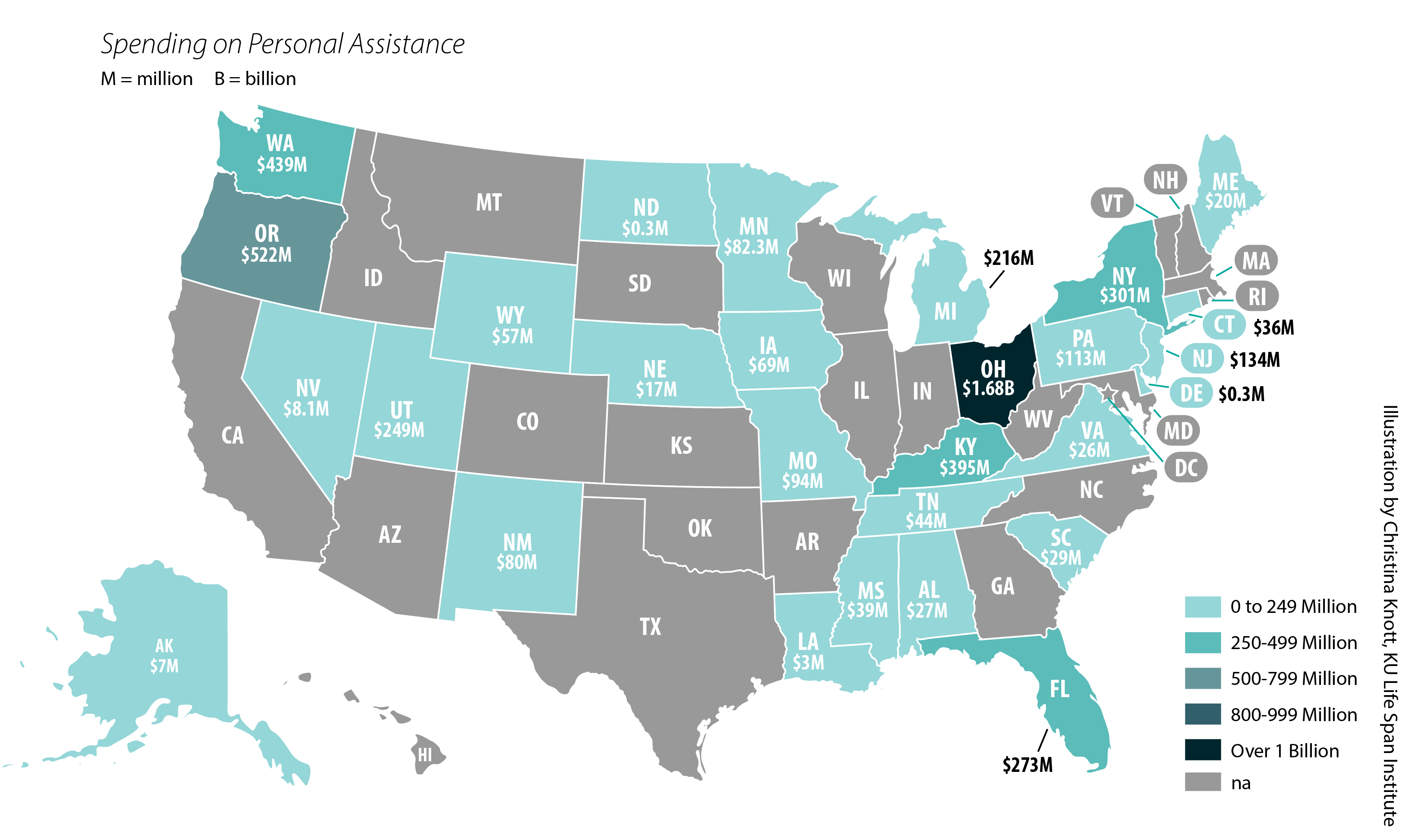 A United States map that shows the distribution of $4.66 billion in personal assistance distributed to states to provide adults with intellectual and developmental disabilities the necessary level of support to remain in their homes