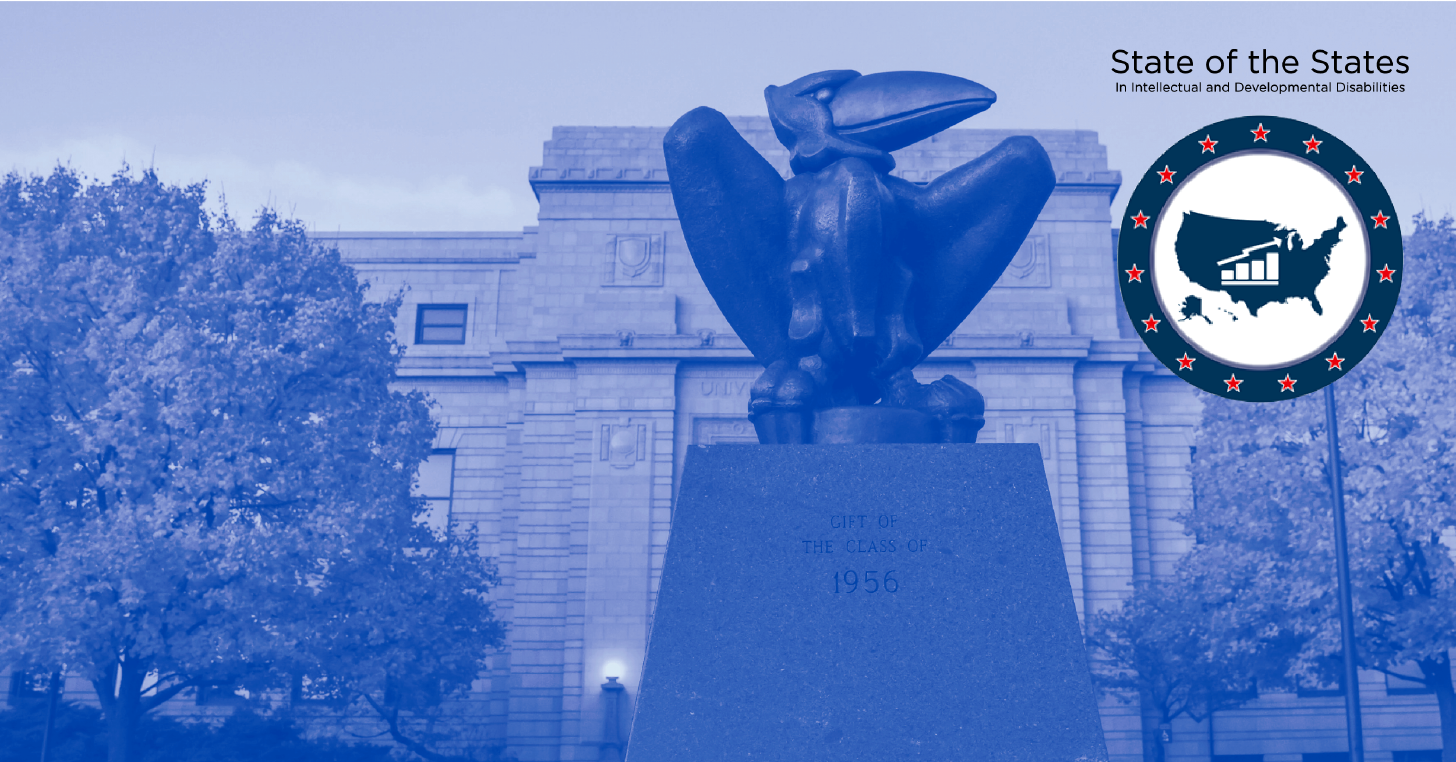 "A blue toned image of the KU Jayhawk statue on campus with the image of a logo and text that reads "State of the States in Intellectual and Developmental Disabilities""