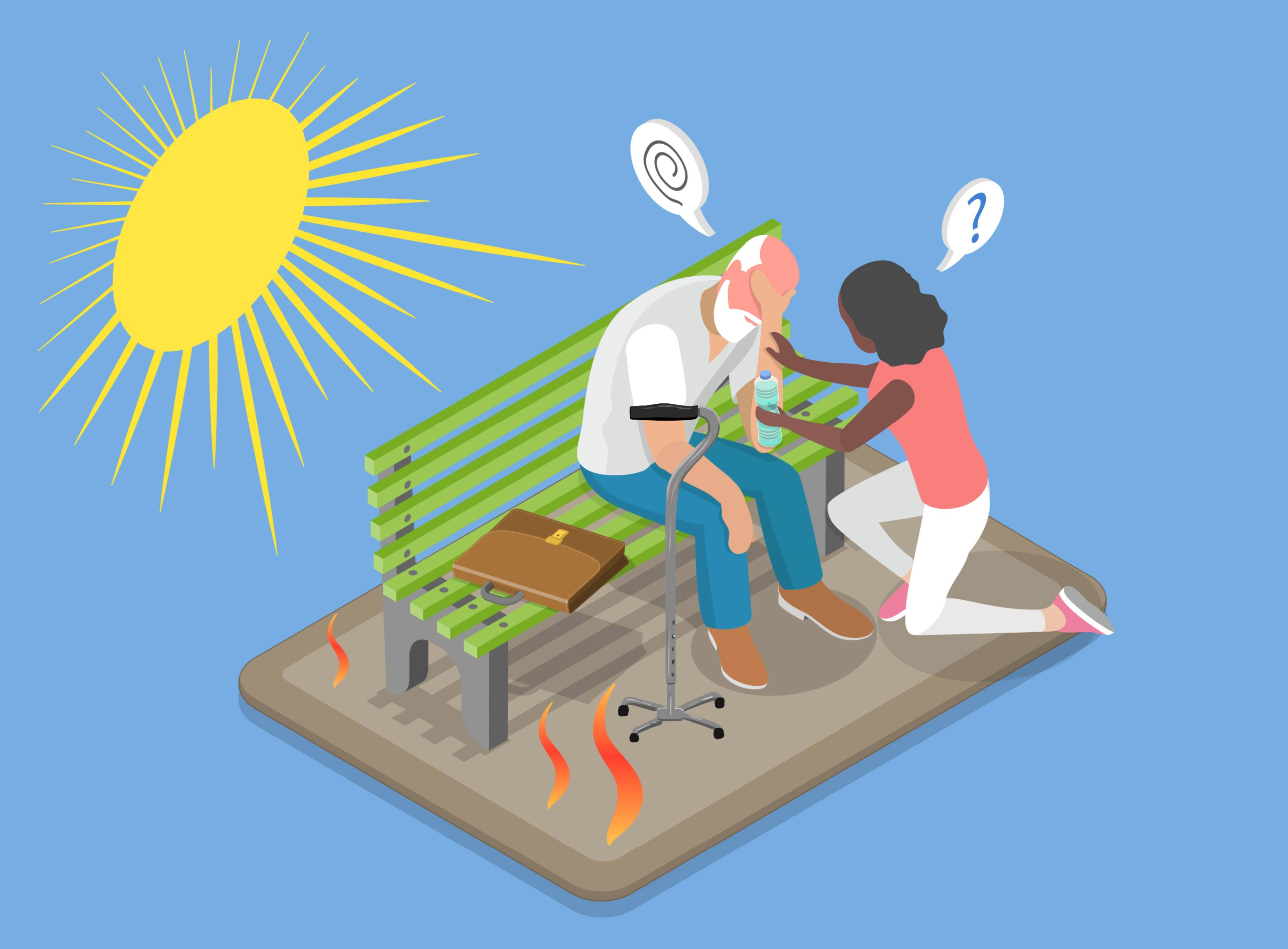 ""An illustration of a woman kneeling to check on an older man with a cane who is sitting on a park bench in the sun and looks distressed""