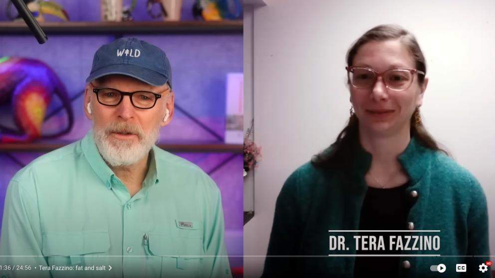 An image shows a man with a white beard and a light green shirt wearing a denim blue cap with the word wild on it with a split screen image of a woman with a green sweater and the text "Dr. Tera Fazzino" at the bottom of the frame