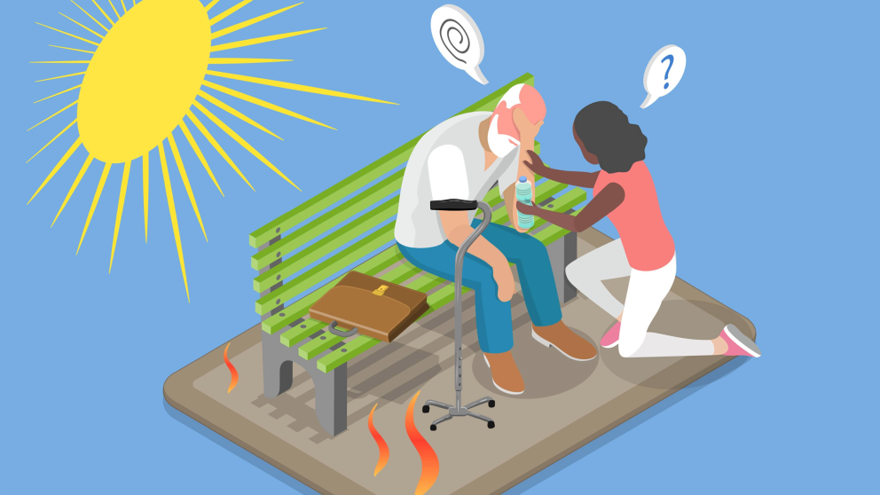 "An illustration of a woman kneeling to check on an older man with a cane who is sitting on a park bench in the sun and looks distressed"